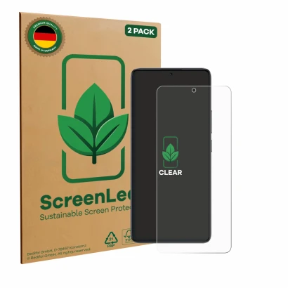 Parte frontal de un envase de producto con el logotipo de la marca ScreenLeaf. Al lado se muestra el dispositivo Xiaomi Poco F