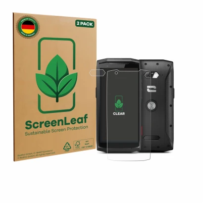 Parte frontal de un envase de producto con el logotipo de la marca ScreenLeaf. Al lado se muestra el dispositivo Crosscall Cor