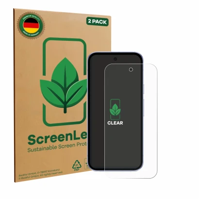 Parte frontal de un envase de producto con el logotipo de la marca ScreenLeaf. Al lado se muestra el dispositivo Google Pixel 