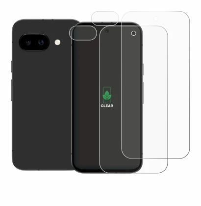 Imagen del dispositivo Google Pixel 9a (Frontal+Cámara) con una amplia variedad de protectores de pantalla.