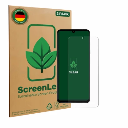 Parte frontal de un envase de producto con el logotipo de la marca ScreenLeaf. Al lado se muestra el dispositivo Xiaomi Poco C