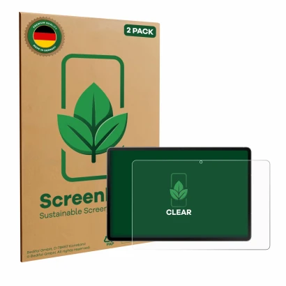 Parte frontal de un envase de producto con el logotipo de la marca ScreenLeaf. Al lado se muestra el dispositivo Samsung Galax