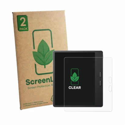 Parte frontal de un envase de producto con el logotipo de la marca ScreenLeaf. Al lado se muestra el dispositivo Boox Leaf 5 c