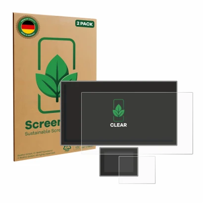 Parte frontal de un envase de producto con el logotipo de la marca ScreenLeaf. Al lado se muestra el dispositivo Icom IC-7760 