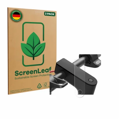 Parte frontal de un envase de producto con el logotipo de la marca ScreenLeaf. Al lado se muestra el dispositivo Xiaomi Electr