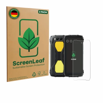 Parte frontal de un envase de producto con el logotipo de la marca ScreenLeaf. Al lado se muestra el dispositivo Blackview BV7