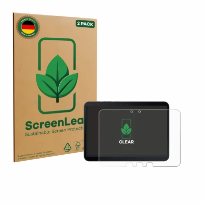 Parte frontal de un envase de producto con el logotipo de la marca ScreenLeaf. Al lado se muestra el dispositivo Samsung Galax