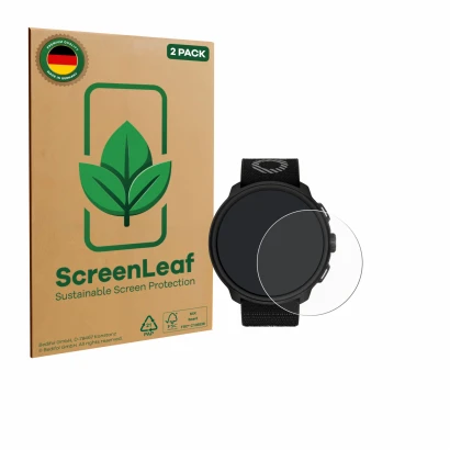 Parte frontal de un envase de producto con el logotipo de la marca ScreenLeaf. Al lado se muestra el dispositivo Suunto Run co
