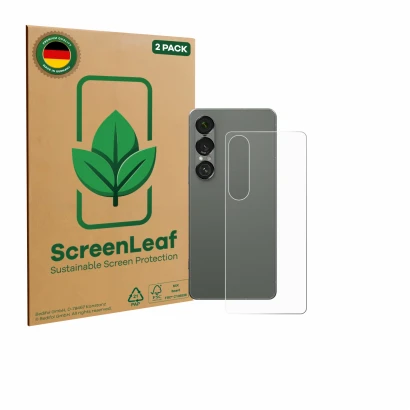 Parte frontal de un envase de producto con el logotipo de la marca ScreenLeaf. Al lado se muestra el dispositivo Sony Xperia 1