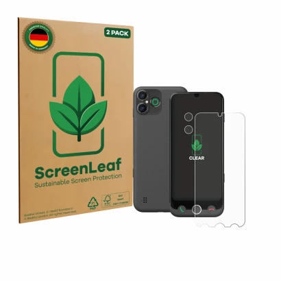 Parte frontal de un envase de producto con el logotipo de la marca ScreenLeaf. Al lado se muestra el dispositivo Doro Aurora A