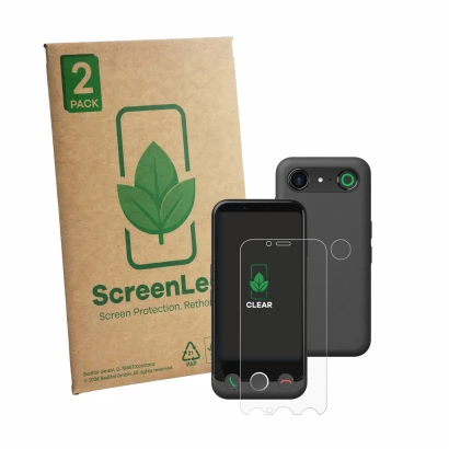 Parte frontal de un envase de producto con el logotipo de la marca ScreenLeaf. Al lado se muestra el dispositivo Doro Aurora A