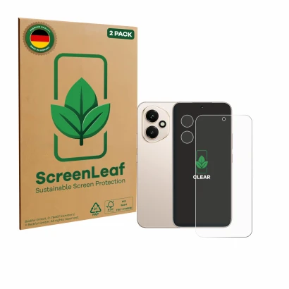Parte frontal de un envase de producto con el logotipo de la marca ScreenLeaf. Al lado se muestra el dispositivo Honor 400 (Fr