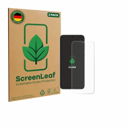 Parte frontal de un envase de producto con el logotipo de la marca ScreenLeaf. Al lado se muestra el dispositivo Huawei Pura 8