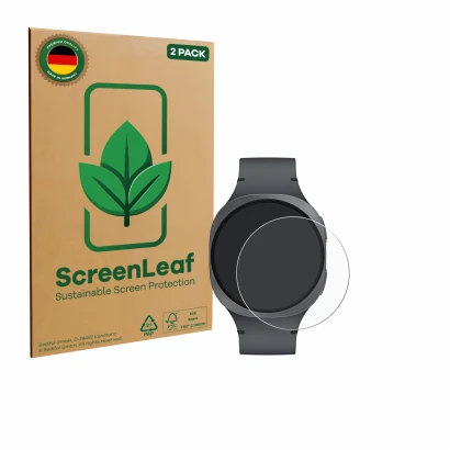 Parte frontal de un envase de producto con el logotipo de la marca ScreenLeaf. Al lado se muestra el dispositivo Samsung Galax