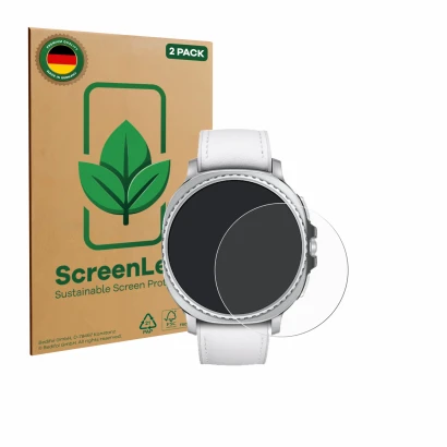 Parte frontal de un envase de producto con el logotipo de la marca ScreenLeaf. Al lado se muestra el dispositivo Samsung Galax