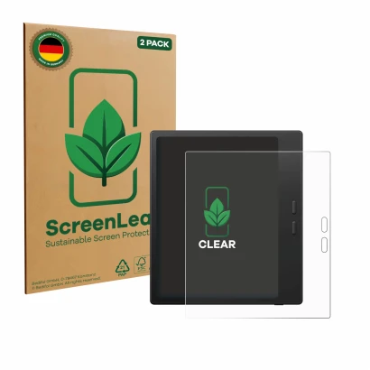 Parte frontal de un envase de producto con el logotipo de la marca ScreenLeaf. Al lado se muestra el dispositivo Boox Go Color