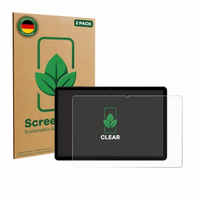 Parte frontal de un envase de producto con el logotipo de la marca ScreenLeaf. Al lado se muestra el dispositivo Doogee Tab G6