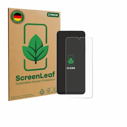 Parte frontal de un envase de producto con el logotipo de la marca ScreenLeaf. Al lado se muestra el dispositivo Blackview Sha