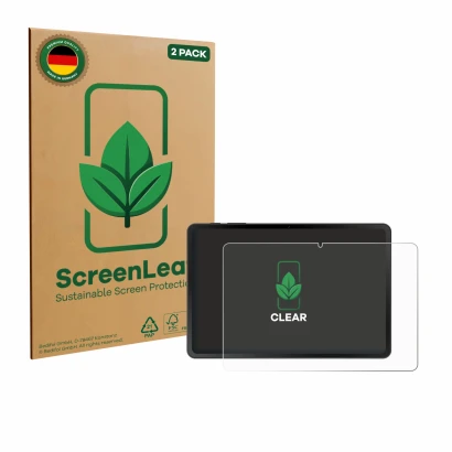 Parte frontal de un envase de producto con el logotipo de la marca ScreenLeaf. Al lado se muestra el dispositivo Doogee Tab A9