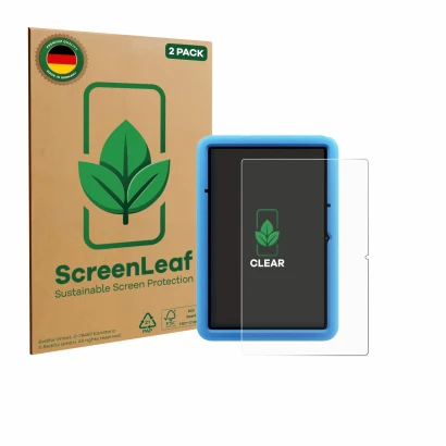 Parte frontal de un envase de producto con el logotipo de la marca ScreenLeaf. Al lado se muestra el dispositivo Blackview Tab