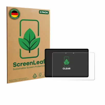 Parte frontal de un envase de producto con el logotipo de la marca ScreenLeaf. Al lado se muestra el dispositivo OnePlus Pad L