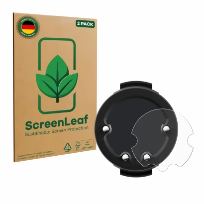 Parte frontal de un envase de producto con el logotipo de la marca ScreenLeaf. Al lado se muestra el dispositivo Suunto Zoop c