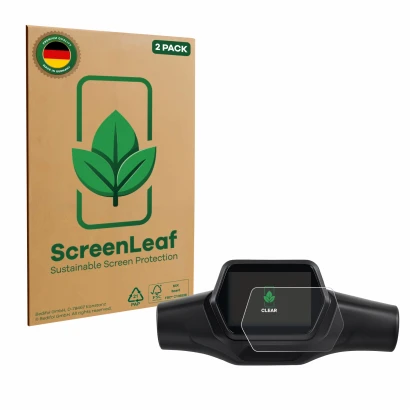 Parte frontal de un envase de producto con el logotipo de la marca ScreenLeaf. Al lado se muestra el dispositivo Segway Ninebo