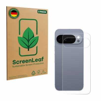Parte frontal de un envase de producto con el logotipo de la marca ScreenLeaf. Al lado se muestra el dispositivo Google Pixel 