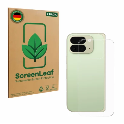 Parte frontal de un envase de producto con el logotipo de la marca ScreenLeaf. Al lado se muestra el dispositivo Google Pixel 