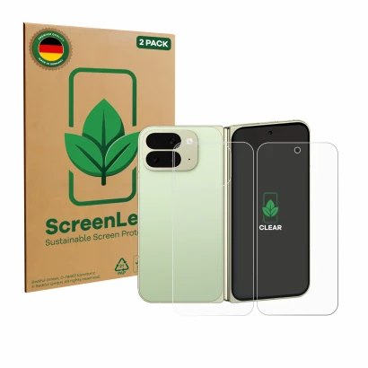 Parte frontal de un envase de producto con el logotipo de la marca ScreenLeaf. Al lado se muestra el dispositivo Google Pixel 