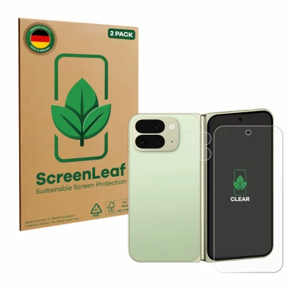 Parte frontal de un envase de producto con el logotipo de la marca ScreenLeaf. Al lado se muestra el dispositivo Google Pixel 