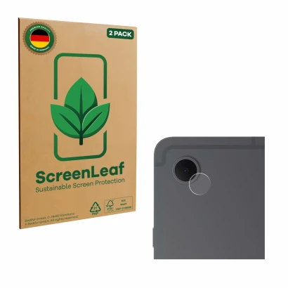 Parte frontal de un envase de producto con el logotipo de la marca ScreenLeaf. Al lado se muestra el dispositivo Samsung Galax