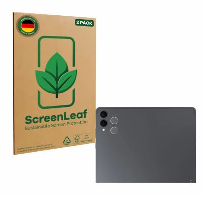 Parte frontal de un envase de producto con el logotipo de la marca ScreenLeaf. Al lado se muestra el dispositivo Samsung Galax