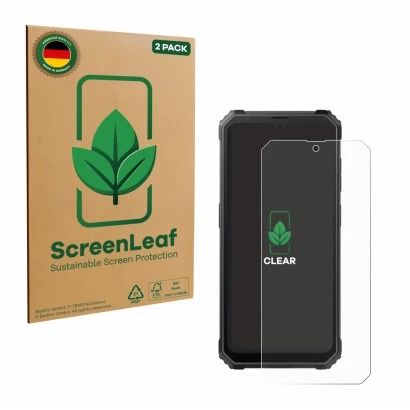 Parte frontal de un envase de producto con el logotipo de la marca ScreenLeaf. Al lado se muestra el dispositivo Blackview BV4