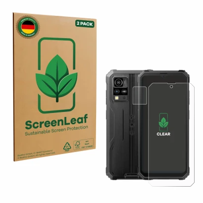 Parte frontal de un envase de producto con el logotipo de la marca ScreenLeaf. Al lado se muestra el dispositivo Blackview BV4
