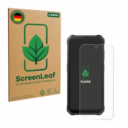 Parte frontal de un envase de producto con el logotipo de la marca ScreenLeaf. Al lado se muestra el dispositivo Blackview BV4