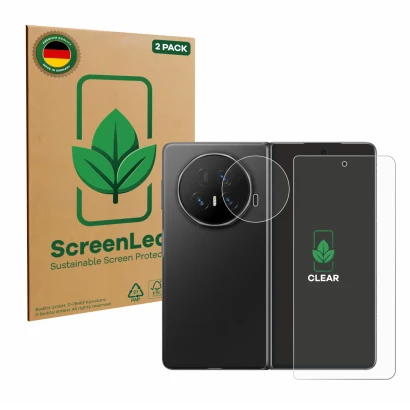 Parte frontal de un envase de producto con el logotipo de la marca ScreenLeaf. Al lado se muestra el dispositivo Honor Magic V