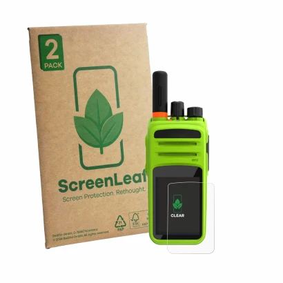 Parte frontal de un envase de producto con el logotipo de la marca ScreenLeaf. Al lado se muestra el dispositivo Talkpod N58 c