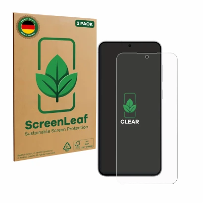 Parte frontal de un envase de producto con el logotipo de la marca ScreenLeaf. Al lado se muestra el dispositivo Samsung Galax
