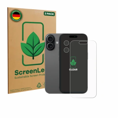 Parte frontal de un envase de producto con el logotipo de la marca ScreenLeaf. Al lado se muestra el dispositivo Apple iPhone 