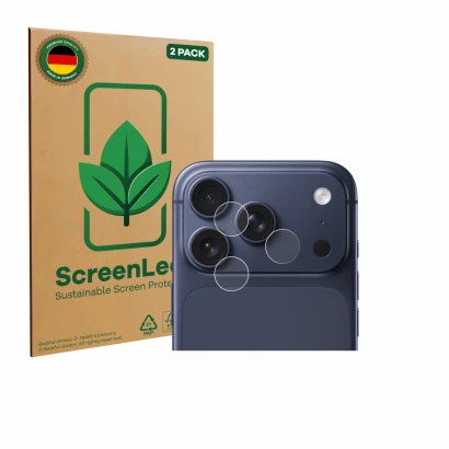 Parte frontal de un envase de producto con el logotipo de la marca ScreenLeaf. Al lado se muestra el dispositivo Apple iPhone 