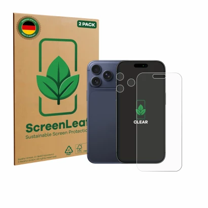 Parte frontal de un envase de producto con el logotipo de la marca ScreenLeaf. Al lado se muestra el dispositivo Apple iPhone 