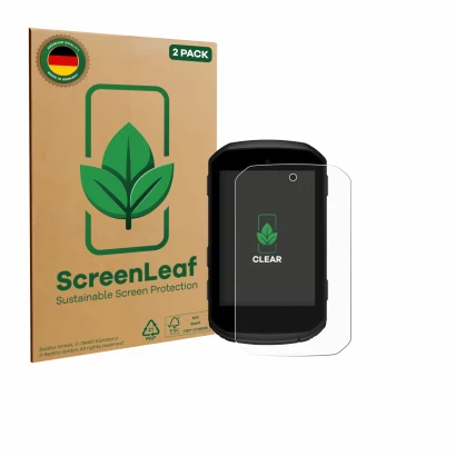 Parte frontal de un envase de producto con el logotipo de la marca ScreenLeaf. Al lado se muestra el dispositivo Garmin Edge 8