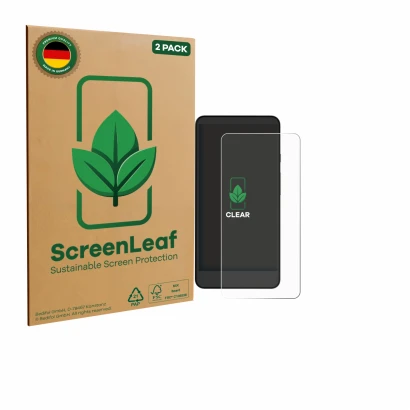 Parte frontal de un envase de producto con el logotipo de la marca ScreenLeaf. Al lado se muestra el dispositivo Xiaomi Moaan 