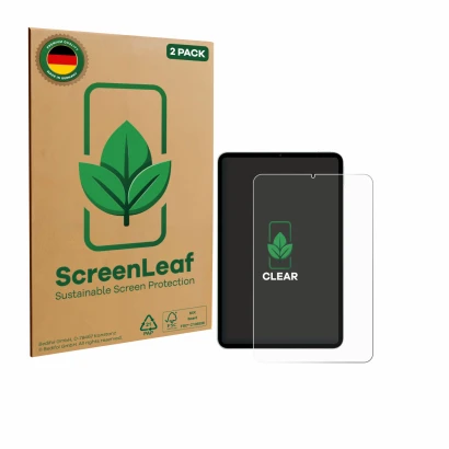 Parte frontal de un envase de producto con el logotipo de la marca ScreenLeaf. Al lado se muestra el dispositivo Xiaomi Pad Mi