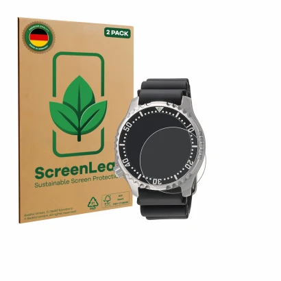 Parte frontal de un envase de producto con el logotipo de la marca ScreenLeaf. Al lado se muestra el dispositivo Citizen NY004