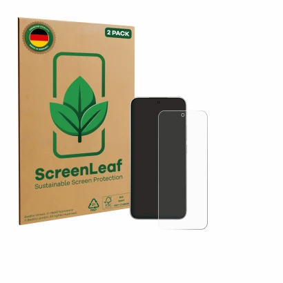 Parte frontal de un envase de producto con el logotipo de la marca ScreenLeaf. Al lado se muestra el dispositivo Xiaomi 15T co