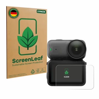 Parte frontal de un envase de producto con el logotipo de la marca ScreenLeaf. Al lado se muestra el dispositivo DJI Osmo Nano