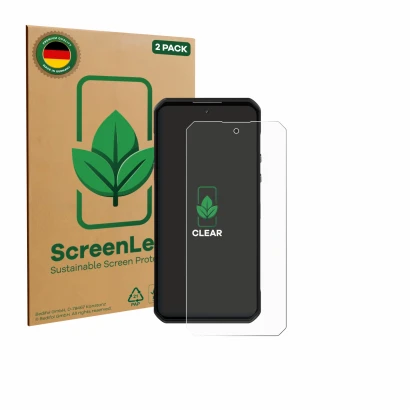 Parte frontal de un envase de producto con el logotipo de la marca ScreenLeaf. Al lado se muestra el dispositivo Oukitel WP60 