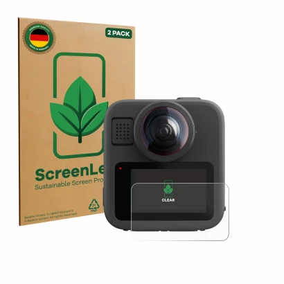 Parte frontal de un envase de producto con el logotipo de la marca ScreenLeaf. Al lado se muestra el dispositivo GoPro Max 2 c